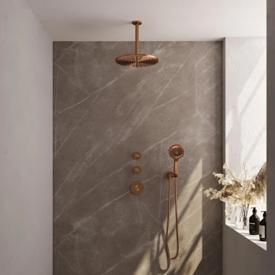 Afbeelding van Brauer Copper Edition Regendoucheset inbouw hoofddouche 30cm plafondarm 3 gladde knoppen handdouche rond standen PVD geborsteld koper