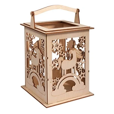 Afbeelding van Rayher houten lantaarn eenhoorn met handvat, 15,3x15,3x26,5cm, bouwset, 15 delig, windlicht, voor LED kaars, lichtketting, FSC Mix Credit, 62892505