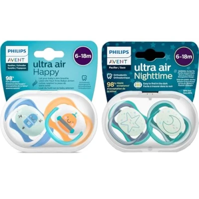 Afbeelding van Philips Avent Fopspeen, 6 18 m Ultra Air dag en nachtfopspeen (4 stuks): 2 x Glow in The Dark Night Fopspeen; Day Leeftijd maanden, draagtassen voor sterilisatoren