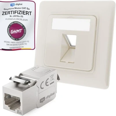 Afbeelding van hb digital CAT 6a netwerkcontactdoos inbouw 1 poort RAL9010 zuiver wit + 1x Keystone RJ45 module LAN Ethernet bus inbouwbus voor 5e 6 500MHz 10 Gbit/s STP