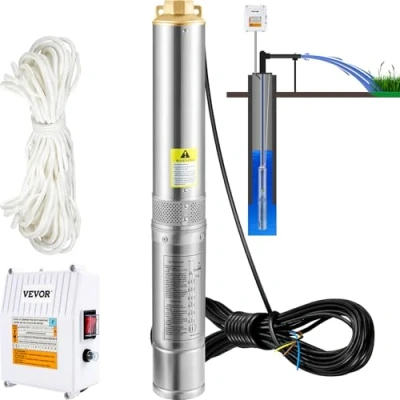 Afbeelding van VEVOR Diepbronpomp motor met 370 W, dompelpomp voor fonteinen, 230 V, 50 Hz, maximale debiet van 110 l/min, externe besturingsbox akkerland en mijnbouw