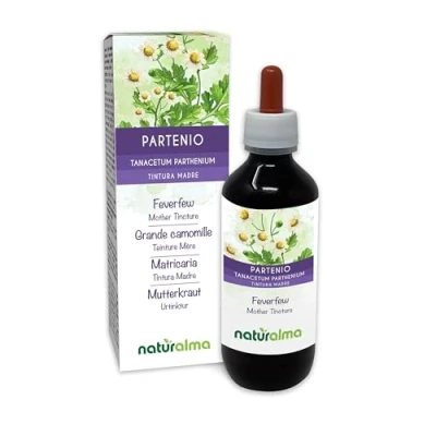 Afbeelding van Moederkruid (Tanacetum parthenium) kruid met bloemen Alcoholvrije moedertinctuur Naturalma Vloeibaar extract druppels 200 ml Voedingssupplement Veganistisch