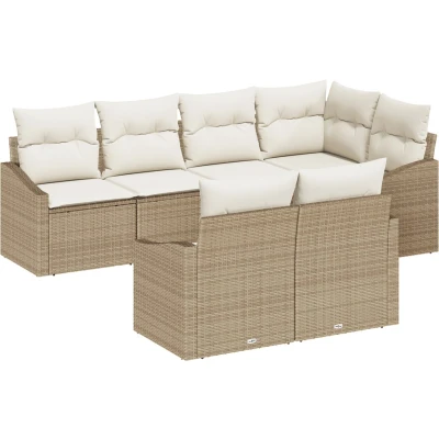 Afbeelding van vidaXL 7 delige tuin eetset met kussens beige poly rattan