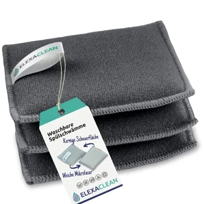 Afbeelding van ELEXACLEAN Spoelspons, potreiniger, sponzen (set van 3, 10 x 8 cm, donkergrijs) wasbaar voor hergebruik, met microvezel