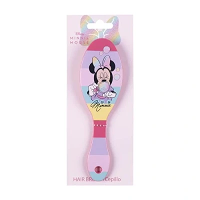 Afbeelding van Minnie Mouse kinderhaarborstel, roze en kleurrijke strepen, duurzaam robuust, geïnspireerd op Minnie, origineel product, ontworpen in Spanje