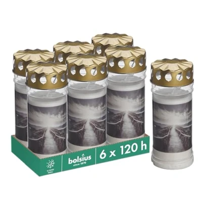 Afbeelding van Bolsius Graflicht wit set 6 stuks lengte brandduur 120 uur rouwkaars &amp; gedenkplaats kaarsen permanente brander met motief berg ongeparfumeerd zonder palmolie nr. 5