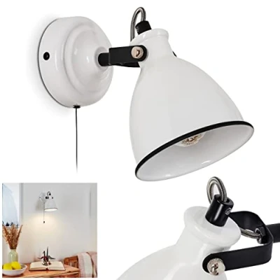 Afbeelding van wandlamp Selki, in vintage design van metaal wit (glanzend)/zwart, retro lamp met verstelbare spot en trekschakelaar, 1 vlam, x E14 fitting, zonder gloeilampen