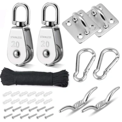 Afbeelding van TooTaci Kraan katrol blok M20 hefkraan draaibare haak enkele hangende draad trekwiel 304 roestvrij staal met nylon lijn touw &amp; karabijnhaak, langwerpige oogpad plaat, Cleat haken