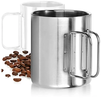 Afbeelding van COM FOUR® RVS koffiemok 300 ml per thermische drinkbeker van 304 met inklapbare handgreep dubbelwandige isolerende mok BPA vrij (zilver 300ml 1 stuk)