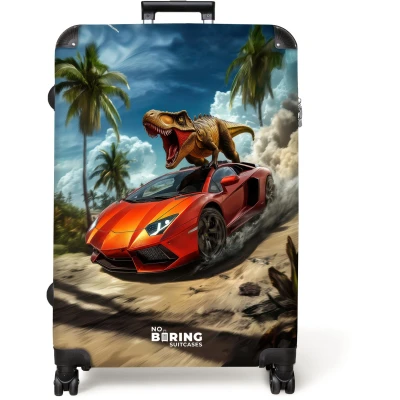 Afbeelding van NoBoringSuitcases.com® Koffer groot Reiskoffer lichtgewicht Rode sportauto met dino raast door tropisch strand Rolkoffer 4 wielen Grote trolley XL 98 liter bagage