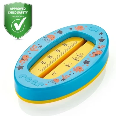 Afbeelding van reer Ovale baby badthermometer, kindveilige optimale badtemperatuur voor de badkuip, kwikvrij, hoog meetbereik, overzichtelijke schaal, blauw