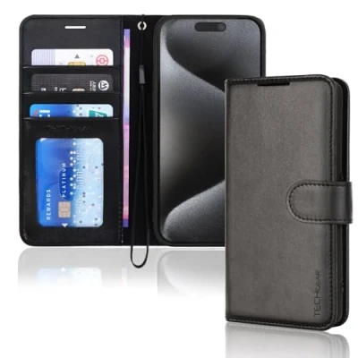 Afbeelding van TECHGEAR Leren portemonneehoesje voor iPhone 15 Pro Max, flipcase, beschermhoes met portemonnee, kaarthouder, standaard en polsband zwart PU leer magnetische sluiting, ontworpen