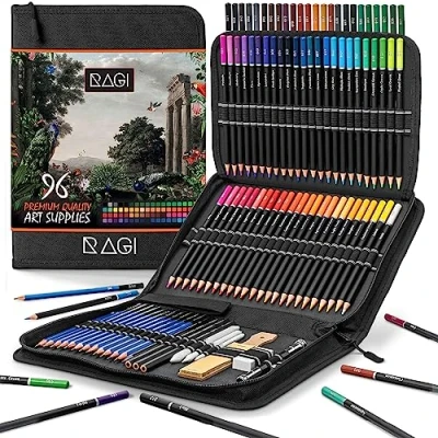 Afbeelding van RAGI Grote tekenset met 96 elementen, set kleurpotloden en voor illustratoren professionele kunstenaars, van kunstenaars in een praktisch etui