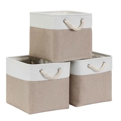 Afbeelding van Mangata Stoffen opbergmand, canvas kubus opbergdoos, voor opbergkasten, planken, kledingkasten, kaki/crème, 28 x 28cm cm, set van 3 stuks