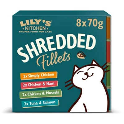 Afbeelding van Lily&#039;s Kitchen Malse Reepjes Multipack Kattenvoer Natvoer Kip Ham Tonijn &amp; Zalm 32 x 70 g