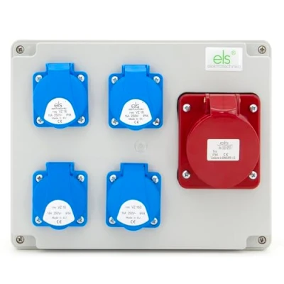 Afbeelding van ELS Elektrotechnika stroomverdeler 4 x 230 V, 1 CEE 32 A, wandverdeler, tuinverdeler, wanddoos, stekkerverdeler, lokale voor werkplaatsen, fabrieken, binnen en buiten