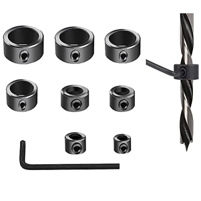 Afbeelding van 9 Delig Zwart Boorgat en Inbussleutel, Boordiepte Aanslagset Stopbit Stoppring, 3/4/5/6/8/10/12/16 mm, Dieptebegrenzer met Inbussleutel voor Boor Houtbewerking