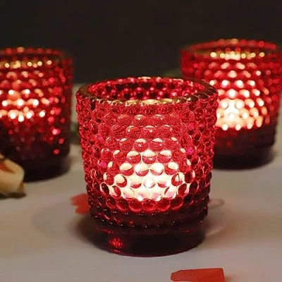 Afbeelding van Vohocandle Rode theelichthouder met gouden rand, set van 12, glazen theelichtjes kaarsenhouder voor Kerstmis, Vakantie en Dating Decor, Votive Kaarsenhouders tafel middelpunt,