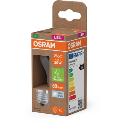 Afbeelding van Osram LED lamp in classic miniball shape, with decorative filament, energy efficiency class A, E27, 1.2 W, 255 lm, 4000 K, cool white. 100% light straight away, no warming up.
