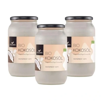 Afbeelding van FOODIN Biologische kokosolie, inheems, koudgeperst, premium kokosolie in glas, 1 liter, goede optie voor braden en koken, 100% glutenvrij veganistisch (3 x 1000 ml)