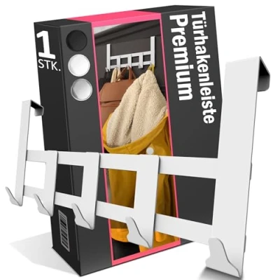 Afbeelding van Menz Premium deurkapstok om op te hangen, wit, roestvrije deurhaken roestvrij staal, kledinghaken voor deur met hoge draagkracht, universele deurhakenlijst 5 haken, handdoekhouder