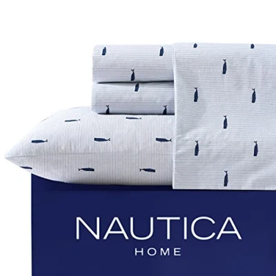 Afbeelding van Nautica Volledige lakenset, katoenen percal beddengoedset, knapperig en cool, lichtgewicht ademend (walvis streep blauw, volledig)