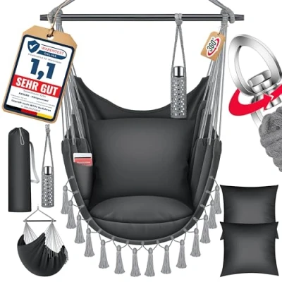Afbeelding van KESSER® Safari hangstoel met 2 kussens, bekerhouders en boekenvak XXL voor volwassenen kinderen hangmat tot 150 kg ophanging binnen buiten woonkamer tuin terras Antraciet