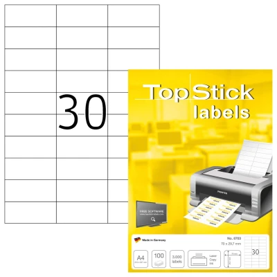 Afbeelding van TopStick 8703 universele etiketten A4 klein (70 x 29,7 mm, 100 velle, papier, mat) zelfklevend, bedrukbaar, permanente klevende adreslabels, 3.000 voor printer, wit