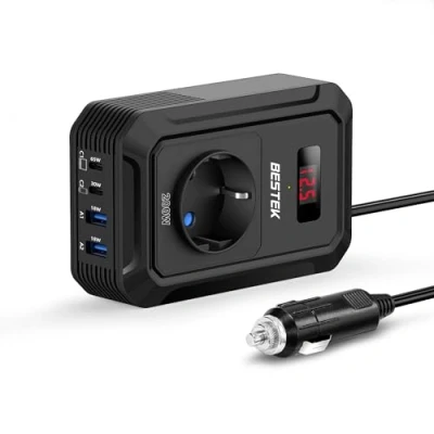 Afbeelding van BESTEK 200 W spanningsomvormer 12 V naar 240 230 AC auto omvormer, met 3 pins stopcontacten, 2 18 USB en C aansluitingen, sigarettenaanstekerstekker, van laptops, iPhones meer, zwart