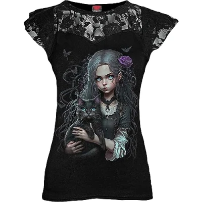 Afbeelding van Spiral Goth Familiar Kanten Gelaagde Cap Sleeve Top Zwart, XXL