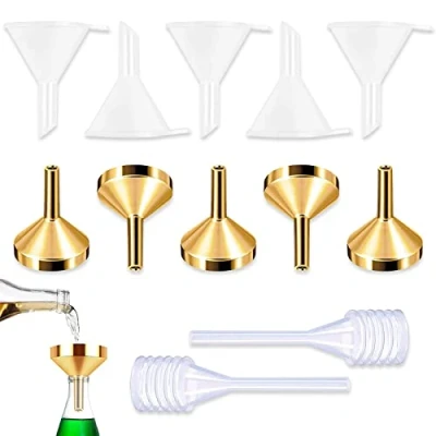 Afbeelding van 5 stuks kleine metalen trechters, mini kunststof trechters met 2 pipet voor het vullen en van vloeistoffen parfum, monsters, emulsie, cosmetica