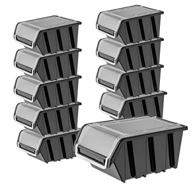 Afbeelding van KADAX Stapelkist met deksel, opbergbox van PP kunststof, in verschillende maten en kleuren, opbergdozen klep voor gereedschapswand, zwart, 10 stuks, 195 x 120 mm