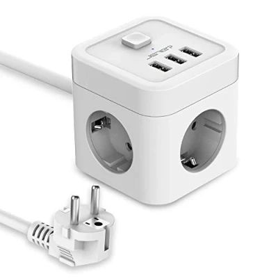 Afbeelding van JSVER Stekkerdoos Cube USB, Meervoudige contactdoos 3 Stekkers en USB (15,5 W) met Schakelaar voor kantoor, thuis of onderweg 1,5 m kabel Zwart (Wit)