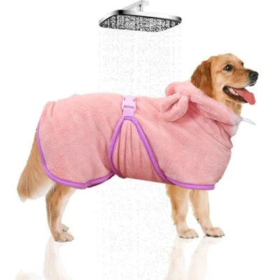 Afbeelding van WUFANC Hondenbadjas voor huisdieren, kleding honden en katten, met capuchon, handdoek honden, zeer absorberend sneldrogend, zacht, roze, vijf maten (M) (XL)