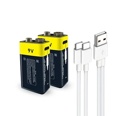Afbeelding van oplaadbare lithiumbatterijen ion type C 9 V, 1,5 V USB, lithiumbatterij 650 mAh, met oplaadkabel, snel opladen in 2 uur (2 sets) (9 V)