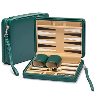 Afbeelding van Yellow Mountain Imports Reisformaat backgammon mini spelset, &quot;Izmir&quot; Magnetische stenen en 23,5 cm bord in een stijlvolle lederen etui Klassiek strategisch bordspel