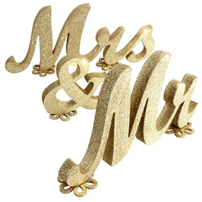 Afbeelding van Alnicov Mr en Mrs Houten Letters, Vintage Stijl &amp; Bruiloft Rekwisieten voor Tafel Foto Feest Tafelblad Diner Decoraties met 5 Bloem Pads (Goud)