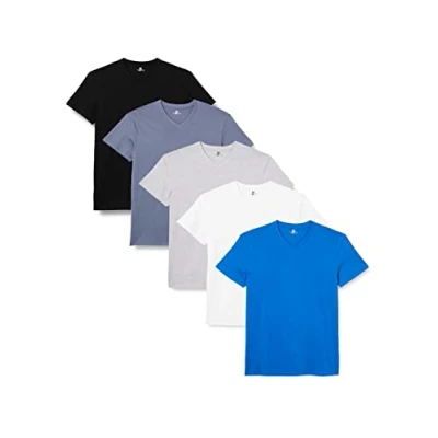 Afbeelding van Lower East Heren T shirt met V hals, gemaakt van 100% katoen, Wit/zwart/Olympia blauw/grijs melange/Folkstone grey, set 5, S