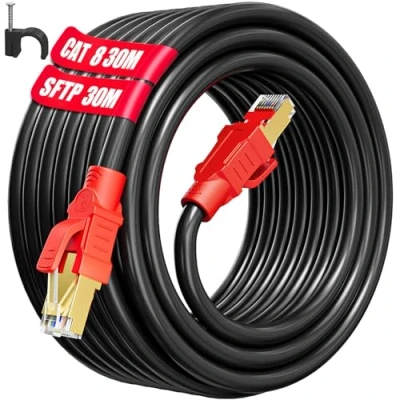 Afbeelding van Ethernet Kabel 30m, Cat 8 Cable Hoge Snelheid Internet Netwerkkabel 30 Meter Binnen Buiten RJ45 Patch Afgeschermde SFTP 40Gbps 2000MHz Gigabit LAN POE Zwart voor Router Modem