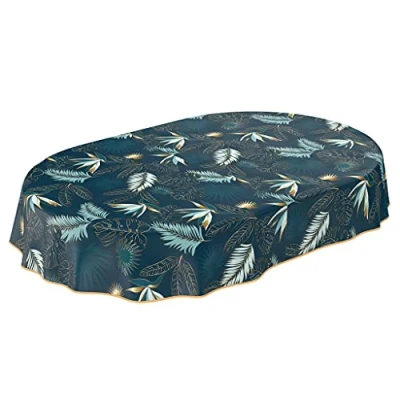 Afbeelding van Wasdoek tafelkleed, afwasbaar tuintafelkleed van tafelzeil, rond, ovaal, rechthoekig, voor binnen en buiten, bladeren, goud/blauw, 180 x 140 cm, met zoom, omzoomd