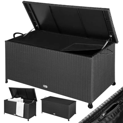 Afbeelding van Polyrattan Kussenbox Zwart 122x56x61cm met Wielen