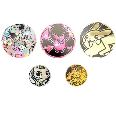 Afbeelding van Pokemon munten 5 pak, verschillende maten munten, zilveren gouden officiële kaart accessoires voor kaartspel.