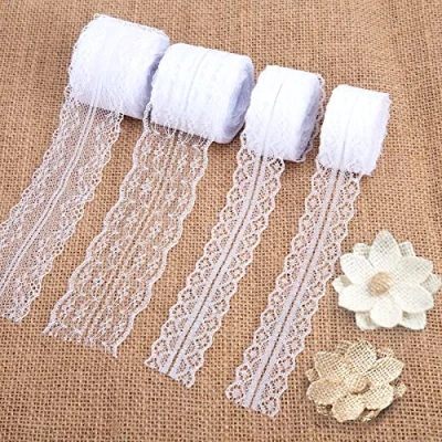 Afbeelding van VGOODALL 40 m kanten lint, 4 rollen wit vintage lint 2 bloemen voor bruiloft tafeldecoratie knutselen cadeaulint doe het zelf handwerk