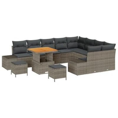 Afbeelding van vidaXL 12 delige tuinset met kussens Grijs Poly Rattan Acacia