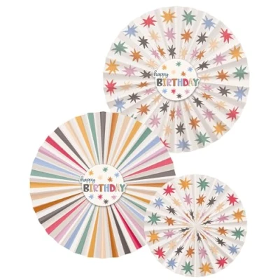 Afbeelding van Folat Deco Waaiers Set Starburst Happy Birthday (3 stuks)