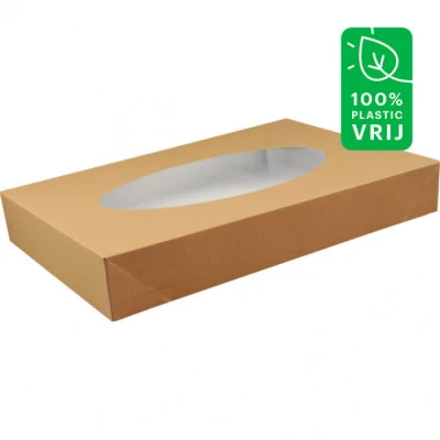 Afbeelding van Biodore Cateringdoos kraftpapier + PLA 550x370x80mm met venster bruin 10 stuks