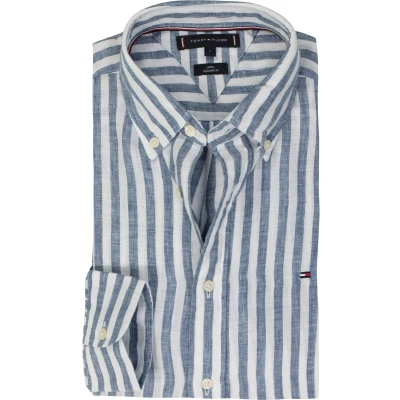 Afbeelding van Tommy Hilfiger heren Regular fit overhemd van linnen met streepprint in de kleur Donkerblauw, maat: 3XL