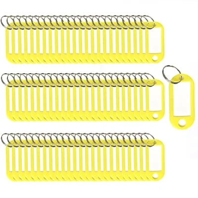 Afbeelding van sleutelhangers SENRISE 100 stuks etiketten plastic ID tags naamlabels bagage labels met splitring sleutelhanger (geel)