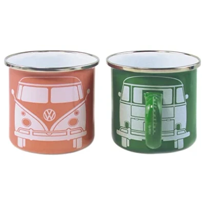 Afbeelding van BRISA VW Collection Volkswagen T1 Bus Transporter Emaille Mok 2 pc set 350ml Groen/roze