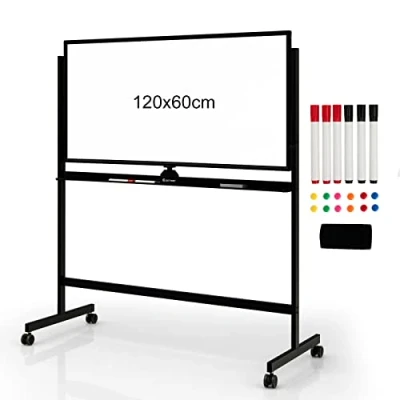 Afbeelding van COSTWAY Mobiel whiteboard, 120 x 60 cm, dubbelzijdig magnetisch whiteboard met standaard en wielen, droog afwasbaar, verstelbaar incl. accessoires voor thuis, kantoor school, zwart